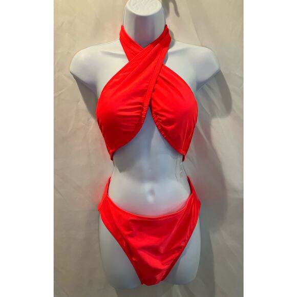 Wild Fable Coral/Orange One Piece Cross Front Halter Swimsuit - NWOT - Size M - Picture 1 of 6